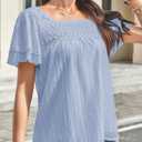 Falechay Plus Size Tops for Women Casual Summer Ruffle Short Sleeve Eyelet Chiffon Babydoll Lace Floral Crochet Blouse Bohemian Square Neck Blue XXL