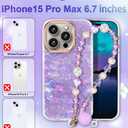 Compatible with iPhone 15 Pro Case for Women Girls, Slim Fit Stylish Cute Phone Case for iPhone 15 Pro with Flower Phone Charm Lanyard Wrist Strap, Hard Protective Case 6.1 Inch Purple Marble