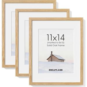 Dreamland 11x14 Picture Frame with Mat for 8x10, USA-Sourced Natural Oak Wood Photo Frames with Resistant Plexiglass, 11 by 14 Wooden Gallery Wall Frames for Art, Wall or Tabletop Display (3Pack)