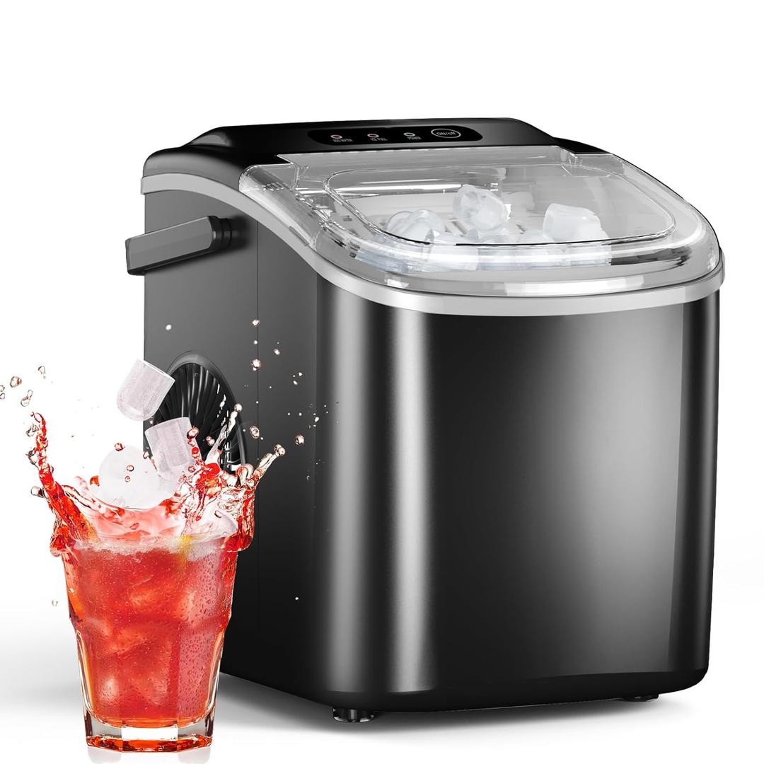 Ice Maker Countertop, Efficient Easy Carry Ice Machine, Self-Cleaning Ice Maker with Ice Scoop & Basket, 9pcs/ 8mins 26.6Lbs Per Day for Home/Office/Kitchen,Black (26LBS/DAY)