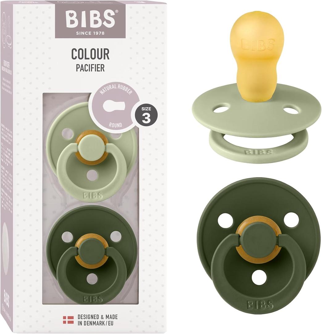 Bibs Colour Pacifier 2-Pack | BPA Free Soother, Round Nipple. Natural Rubber Latex, (Sage / Hunter Green)
