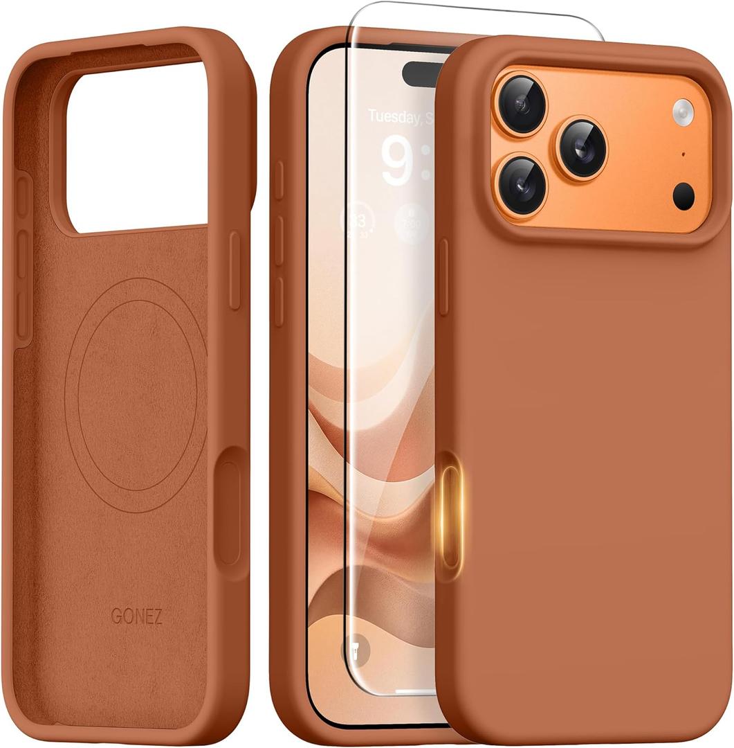 GONEZ Magnetic for iPhone 17 Pro Case, [Compatible with MagSafe] Anti-Scratch Microfiber Lining & Screen Protector, Silicone Camera Control, Shockproof Slim Phone Cover 6.3 inch, Rose Orange