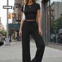 Trendy Queen Womens 2 Piece Lounge Matching Sets Wide Leg Pants Crew Neck Short Sleeve Shirt Sweatsuits (Black, S)