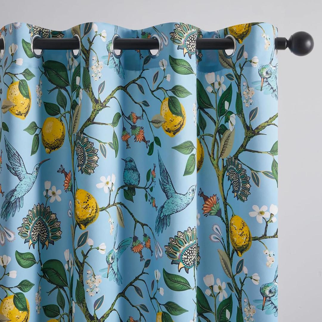 Topfinel Kitchen Curtains 45 Inch Length Blue Vintage Blackout Curtains for Cafe Kitchen, Short Grommet Luxury Whimsical Floral Hummingbird Patterned 45 Inches Long for Living Room Bedroom