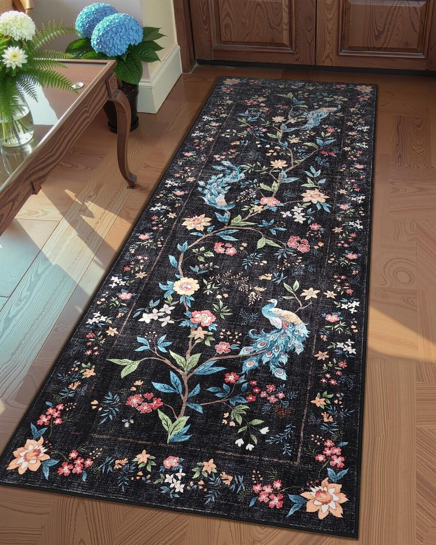 GarveeHome 2x6 Washable Runner Rug for Hallway, Soft Floral Peacock Kitchen Runner with Non Slip Backing Black Entryway Rug Laundry Mat Stain Resistant Carpet for Bathroom Beside Rug