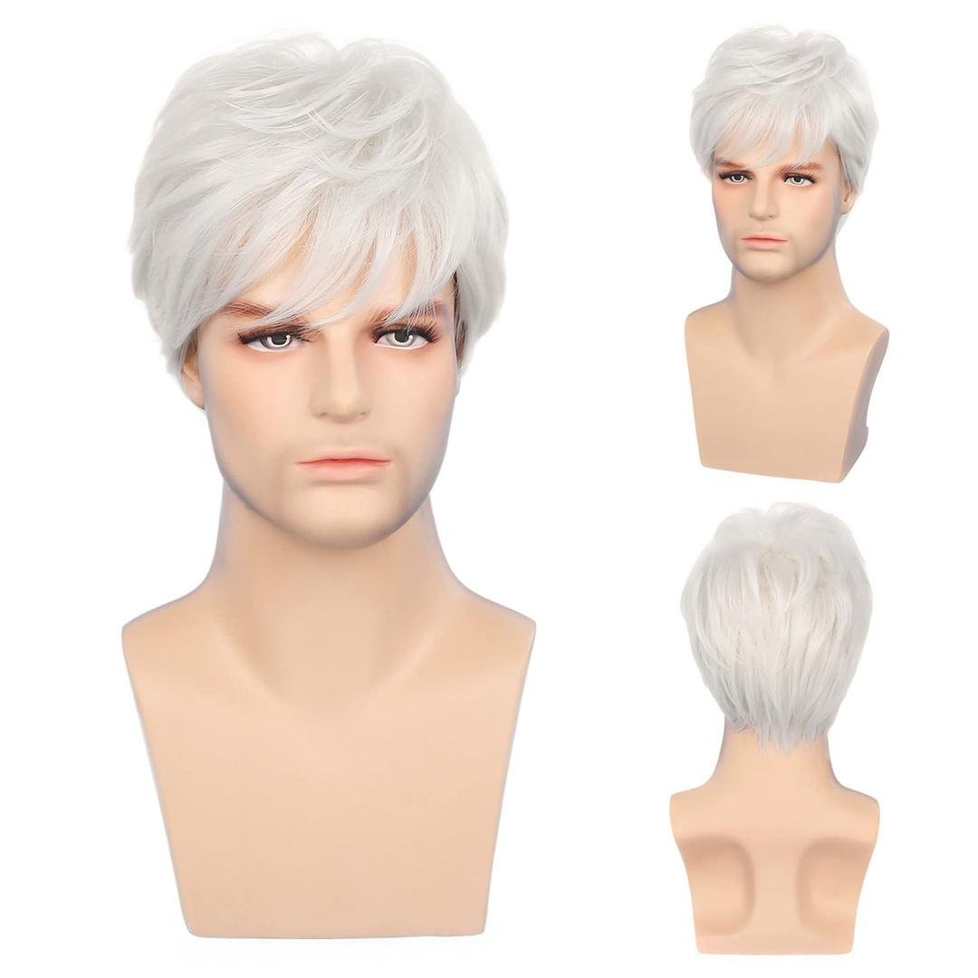 Sallcks Mens White Wigs Short Layered Natural Cosplay Costume Halloween Synthetic Heat Resistant Replacement Wigs