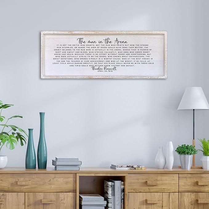 Surfapans The Man In The Arena Wall Decor 32"x12" Morden Office Motivational Wood Framed Sign For Men Large Farmhouse Living Room Inspirational Quotes Positive Speech Home Wall Decoration (White)