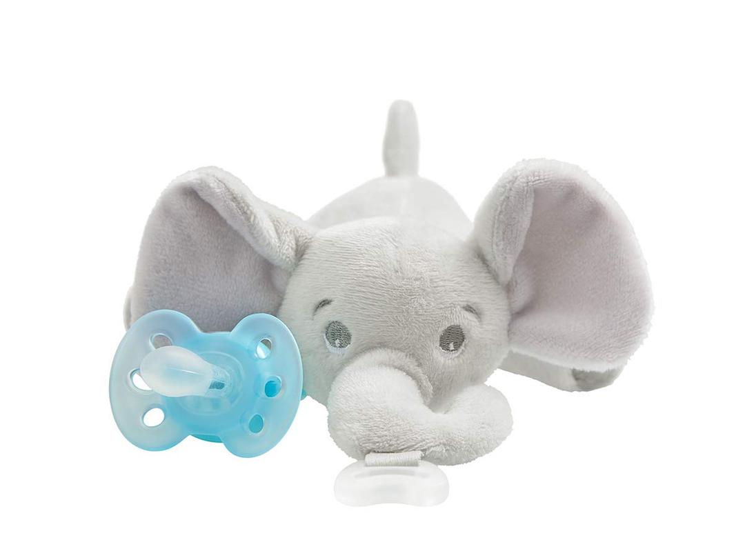 Philips AVENT Ultra Soft Snuggle Pacifier Holder with Detachable Pacifier, 0-6m, Elephant, SCF348/03 (1 Count (Pack of 1))