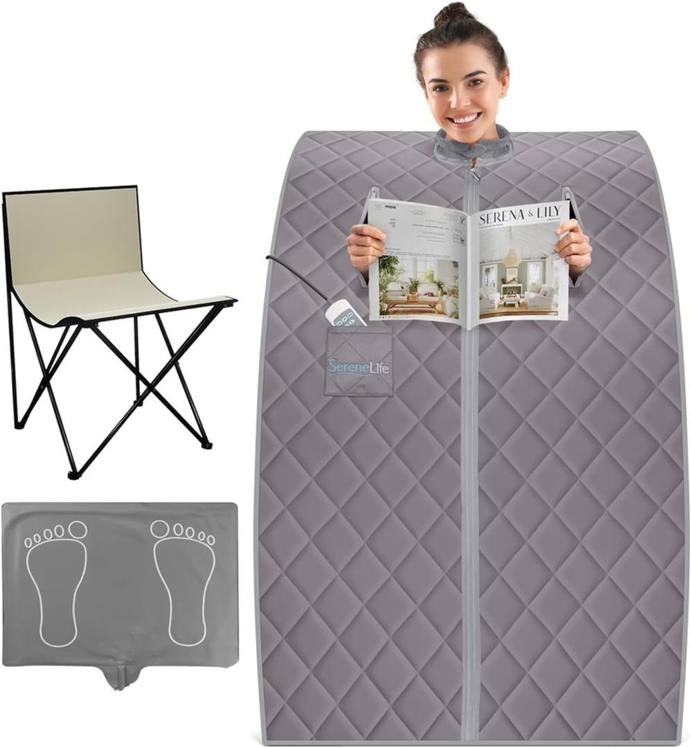 SereneLife Portable Infrared Home Spa | One Person Sauna | Heating Foot Pad and Chair, Gray (SLISAU10GRY)