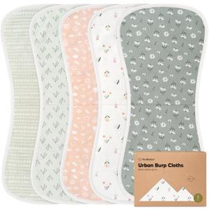 Organic Burp Cloths Baby Boy & Girl - 5-Pack Super Absorbent Cotton Burping Cloths for Babies, Soft & Plush Newborn Spit Up Rags, Infant Towels for Milk Spit Up, Unisex, Large 21" x 10" (Fleur)