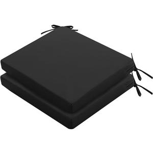 Outdoor Chair Cushions Set of 2: Waterproof & Fade Resistant Seat Cushion for Patio Furniture - 19 x 19 x 2 Inch Chair Pads with Ties and Hidden Zipper - Patio Chair Cushion Replacement, Black