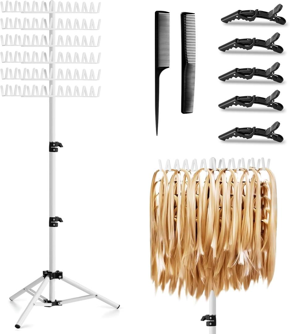 Braiding Hair Rack Height Adjustable 144 Pegs Braiding Rack Hair Extension Holder with Hair Braiding Tools Hair Divider Rack for Braiding Hair Separator Stand - White