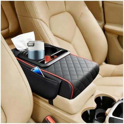 FALVFUN Car Center Console Armrest Box Mat, Nappa Leather Armrest Box Cover with Tissue Box, Cup Holder & Phone Holder, Middle Console Arm Rest Protection Pillow, Universal Fit (Black/Red)