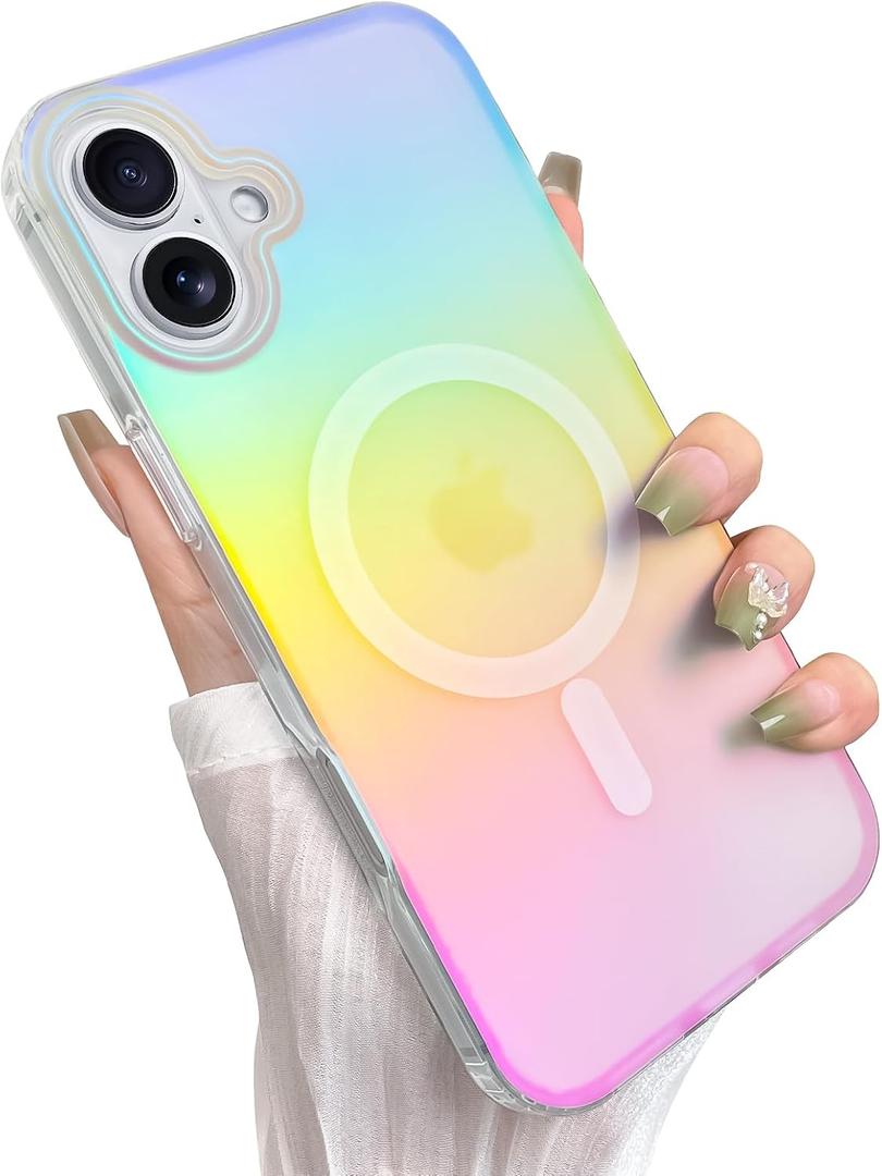 Cute Case for iPhone 16 Case for Women Girls [Compatible with Magsafe] Aesthetic Girly Glitter Bling Rainbow Magnetic Protective Phone Cover, Translucent Iridescent Blue & Pink