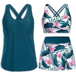 Daci Womens Teal Flower 3 Piece Tankini Swimsuits with Skirt - Tummy Control Bathing Suit Swim Tank Top and Sport Bra 2026 Athletic Swimwear XXL