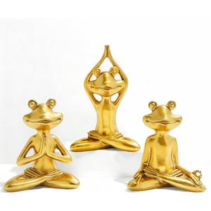Yoga Frog Statues, 3.8"-5" H Golden Frog Figurines Home Decor, Therapy Office Decor Small Sculptures for Shelves, Living Room, Bookshelf, Desk, Bedroom - Set of 3 (Golden Frogs)