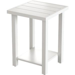 Metal Outdoor Side Table, 2-Tier Sturdy Patio End Table Weather Resistant, 16.5" * 16.5" * 18.1" Solid Square End Table for Patio, Pool, Porch (White)