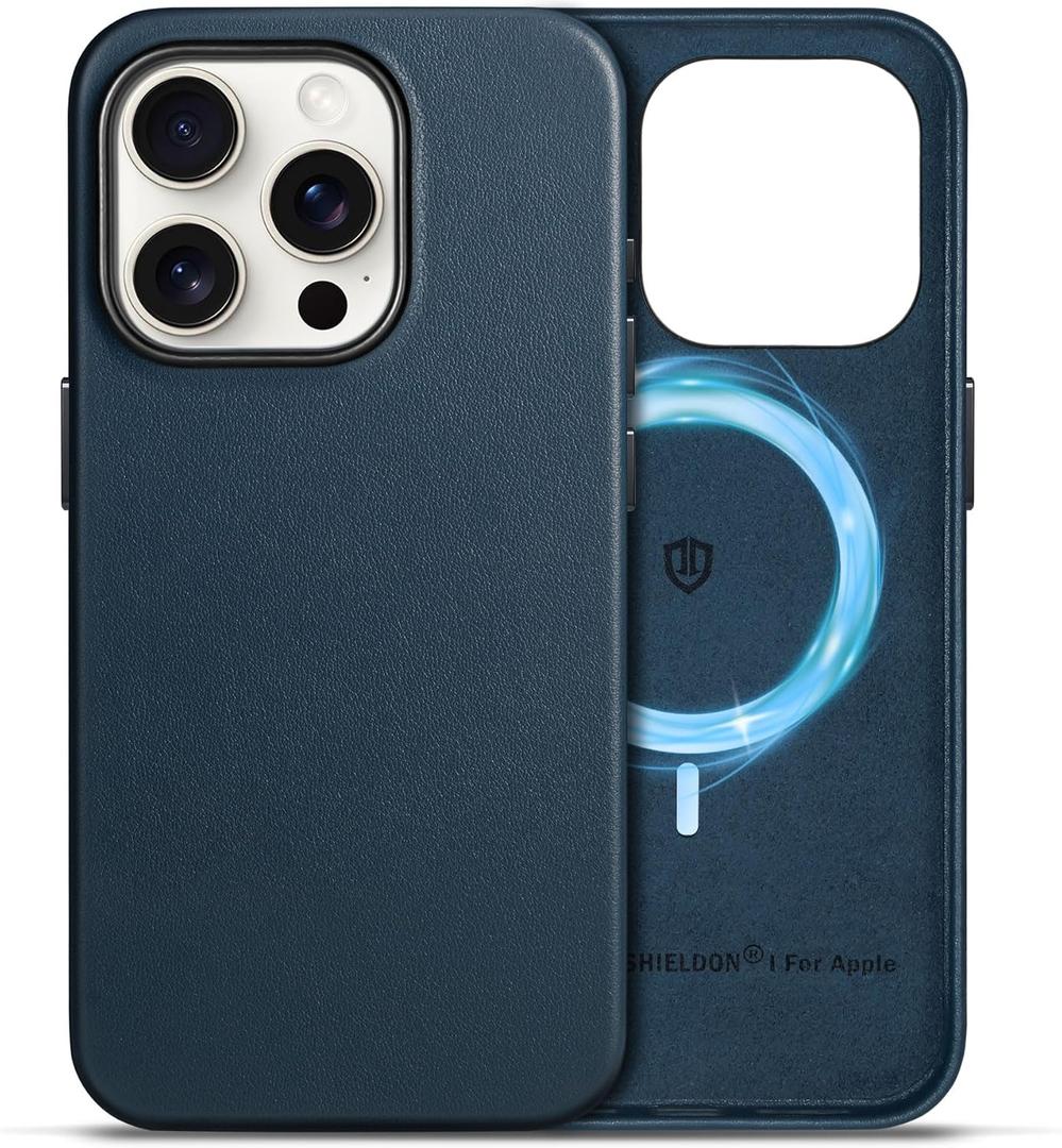 SHIELDON Case for iPhone 15 Pro 6.1", Genuine Leather - Magnetic Wireless Charging - Slim Fit - Non-Slip - Metal Button - Shock-Absorbent Protective Case Compatible with iPhone 15 Pro 2023 - Navy Blue
