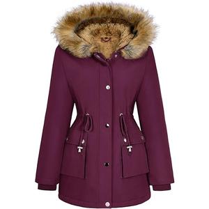HEEKPEK Women Winter Coats Fleece Lined Parka Jackets Hooded Warm Thicken Coat With Pockets and Fur Hood Trendy Overcoat (RedWine ,L)