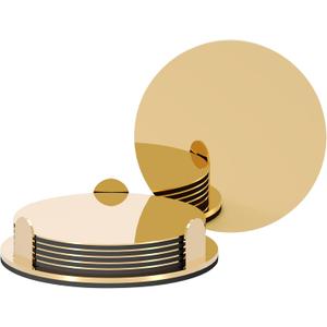 Gold Stainless Steel Coasters with Holder, Modern Mirror Drink Coaster Set of 6, Unique Round Cup Coasters with Non-Slip EVA Base, Housewarming Dcor for Coffee Bar and Dining Table