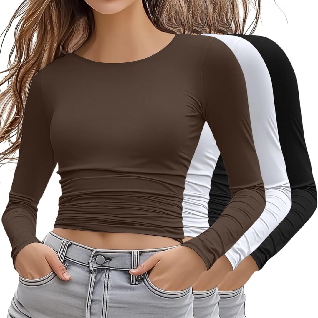 Ficerd 3 Pack Women's Crop Basic Tops, Long Sleeve Y2K Cropped Shirts Crew Neck Slim Fit T Shirts Fitted Going Out Tee (X-Large, Black, White, Coffee)