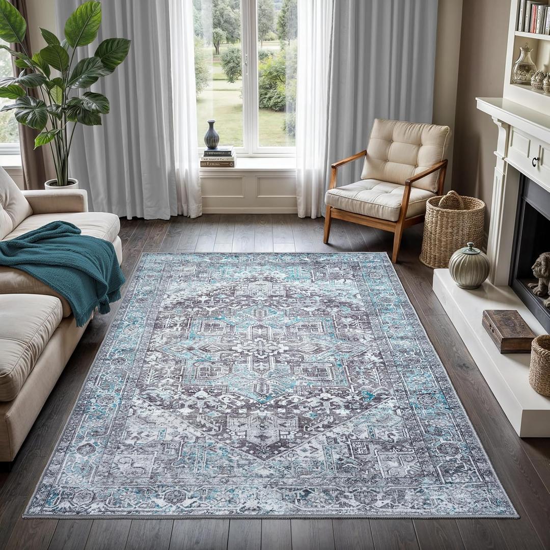 GLN Rugs Vintage Collection - Machine Washable Area Rug, Vintage Washable, Non Slip, Low Pile Rug, Living Room, Bedroom, Bathroom Rug - Easy Clean (4'x6' Blue and Gray)