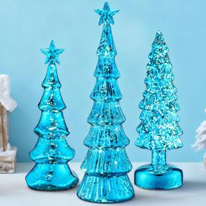 3 Pack Glass Christmas Trees Decor Lighted Christmas Tree Tabletop Glitter Centerpiece Decoration Glass Xmas Tree Figurines Holiday Ornament for Table Mantle Fireplace(Blue,Classic)