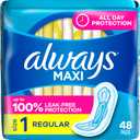 Always Maxi Feminine Pads Without Wings for Women, Size 1, Regular Absorbency, Unscented 48 Count