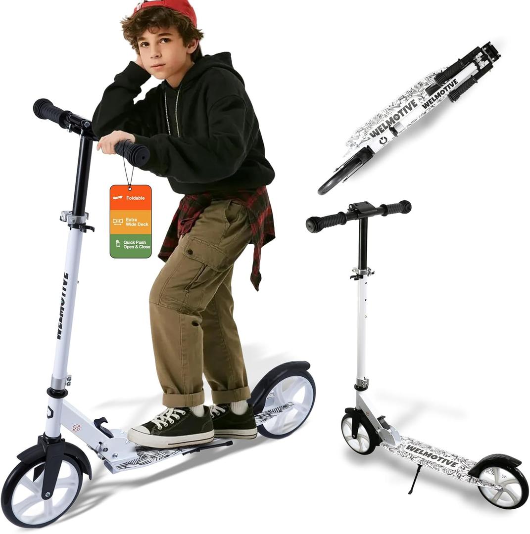 Kick Scooter for Kids Ages 6+, Teens & Adults, Adjustable Handlebars, Rear Brake, Big Wheel Foldable Scooter for Indoor & Outdoor (White)