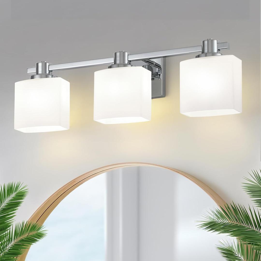 24 Inch Chrome Bathroom Light Fixtures Over Mirror 3 Light Bathroom Vanity Light Silver Modern Industrial Makeup Lighting Wall Sconce Shower Farmhouse Rustic Milk Glass Lamp Above Desk Sink
