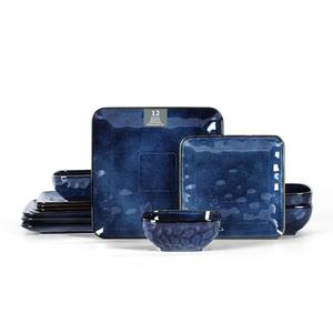 vicrays Ceramic Square 12 Pieces Dinnerware Set - Dinner Plates Salad Plates Cereal Bowls Set Service for 4 - Scratch Resistant Microwave Oven Dishwasher Safe - Blue