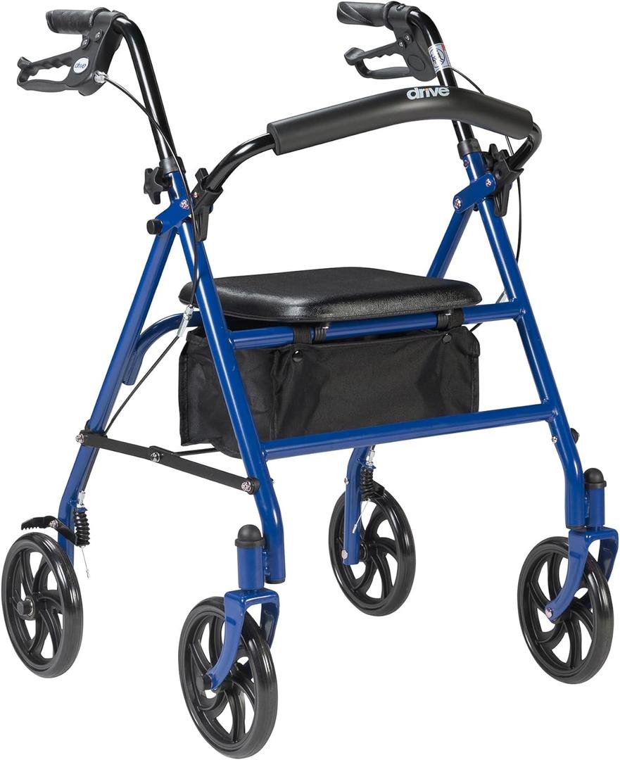 Drive Medical 10257BL-1 4 Wheel Rollator Walker With Seat, Steel Rolling Walker, Height Adjustable, 7.5" Wheels, Removable Back Support, 300 Pound Weight Capacity, Blue