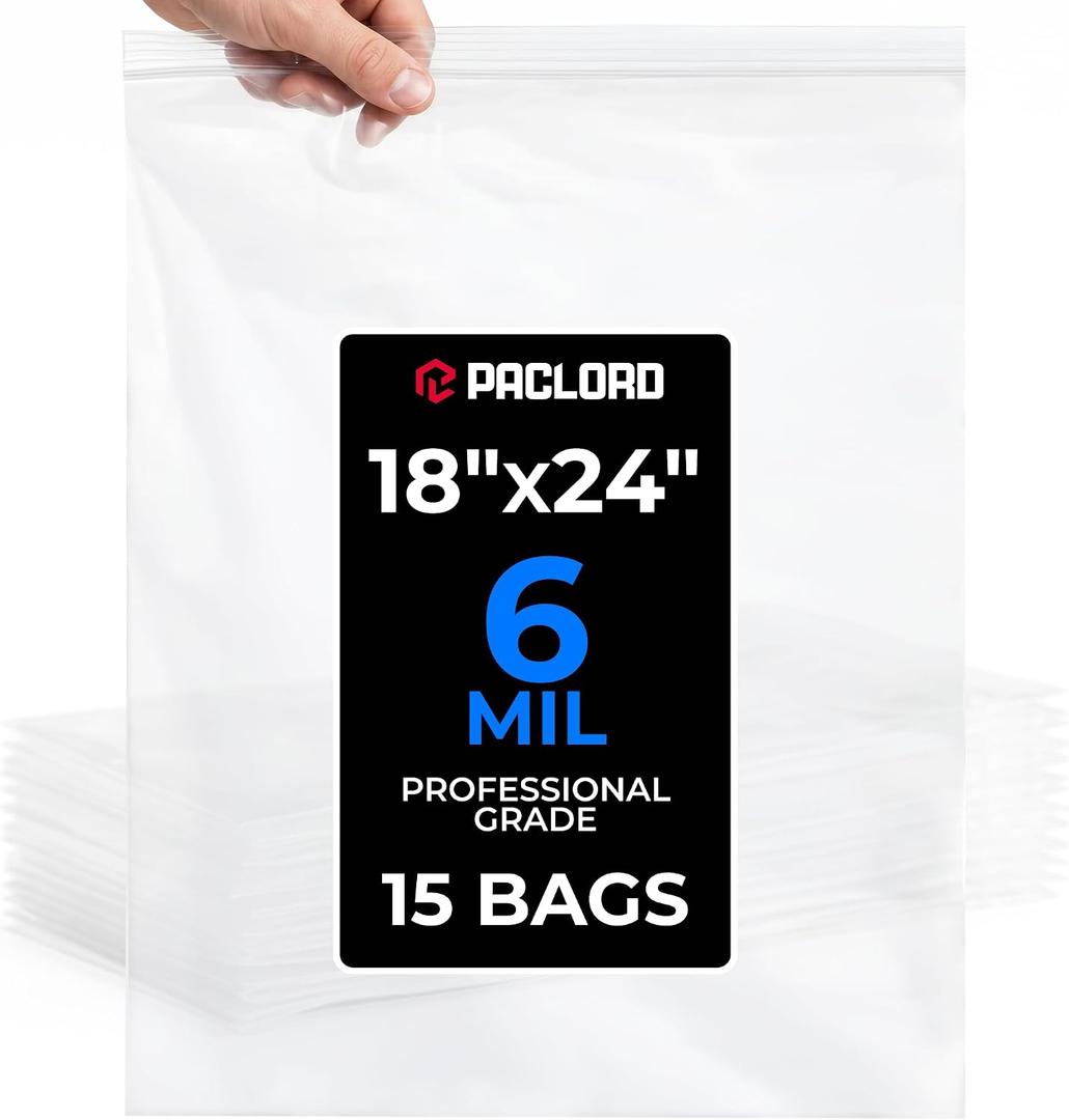 18" x 24" Extra Large Reclosable Plastic Zip Bags, 15 Count | 6 Mil Heavy-Duty Clear Poly Bags, Resealable for Food, Clothes, Hardware, Home & Garage Storage