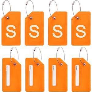 PATIKIL Initial Luggage Tags, 8 Pcs Silicone Suitcase Tag Identifier ID Card Holder Unique Luggage Name Tags with Stainless Steel Loop, Letter S, Orange