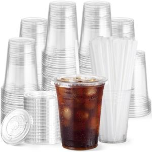 100 Pack 16 oz Clear Plastic Cups with Lids and Straws, Disposable Coffee Cups with Lids, To Go Iced Coffee Cups with Lids, Disposable Cups for Party, Smoothie Cup for Cold Drinks