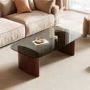 Modern Glass Coffee Table, Coffee Table for Living Room,Tempered Glass-top with Sturdy Wooden Base, Modern Coffee Tables for Small Space, Apartment, Office, Minimalist Design (Walnut)