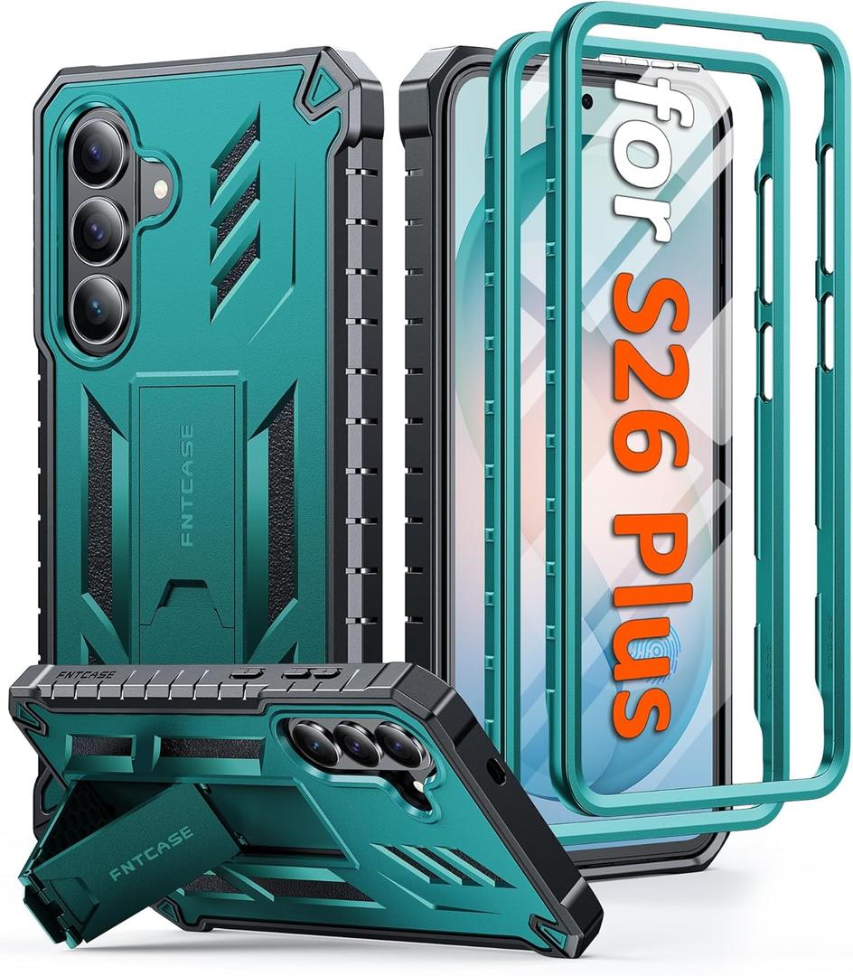 FNTCASE for Samsung Galaxy S26+ Plus Case: with Kickstand | 2 Front Frames | Built-in Screen Protector Military Grade Drop Proof Protection Rugged Protective Phone Case for S26 Plus 6.7 Inch Green