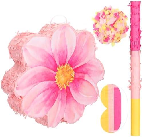 Gilprop Daisy Flower Piñata Watercolor Pink Flower Piñata Daisy Hippie Boho with Blindfold Bat Confetti for Birthday Baby Shower Gender Reveal Wedding Party Supplies