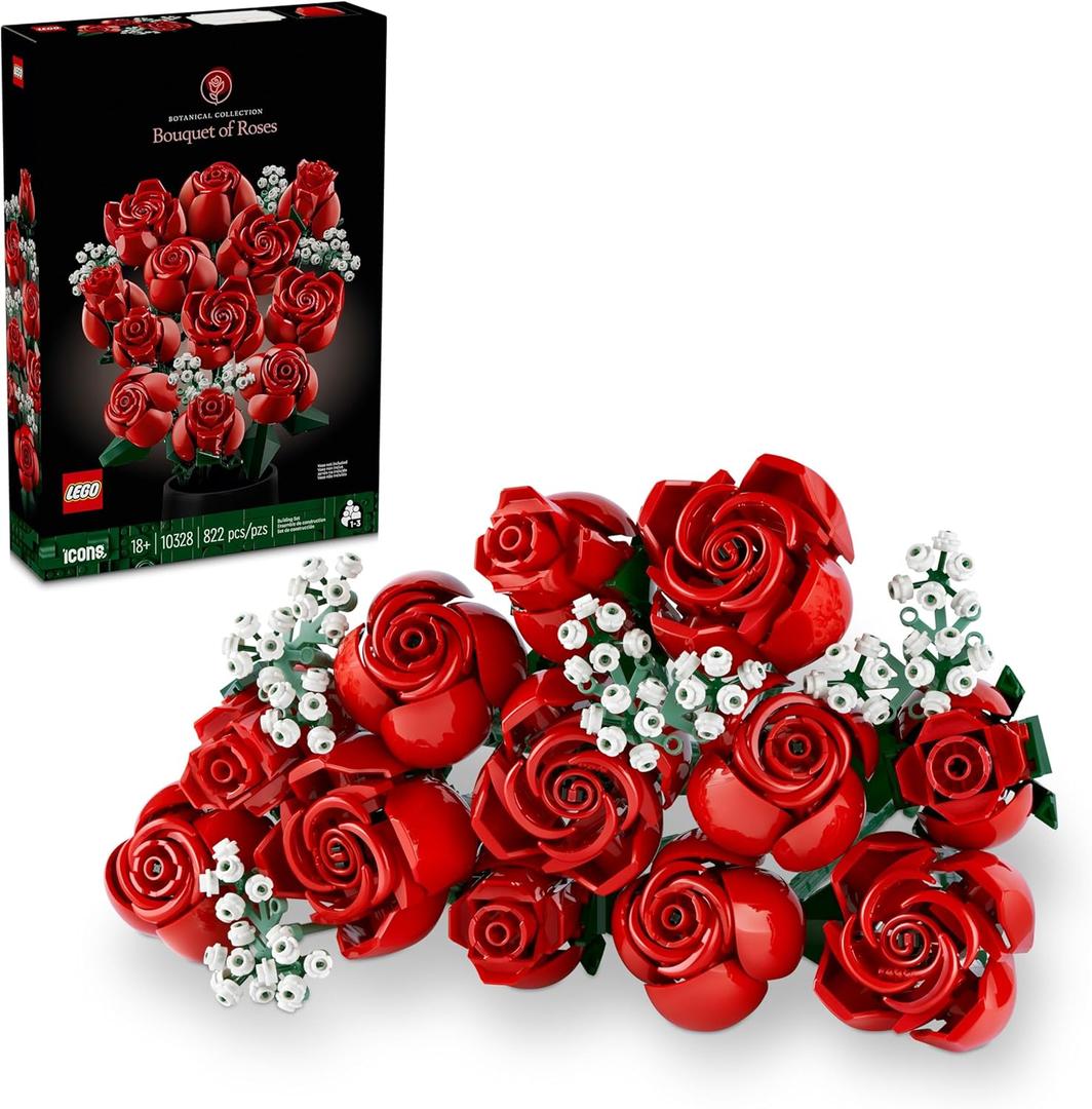 LEGO Botanicals Bouquet of Roses Artificial Flowers - Fake Red Roses Building Set for Adults, Ages 18+ - Gifts for Birthdays for Her - Home Decor for Table Display - 10328