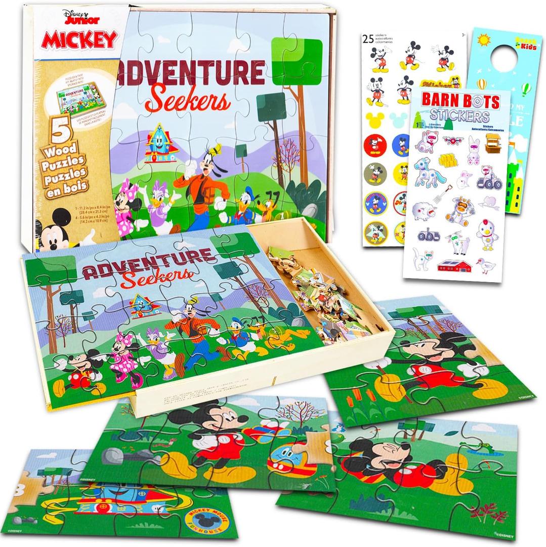 Mickey Mouse Wooden Puzzle 5 Pack - Mickey Mouse Wood Puzzles Bundle with Holding Tray with Mickey Stickers and More | Mickey Mouse Jigsaw Puzzles for Kids
