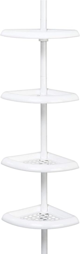 4 Tier Tension Pole Shower Caddy Plastic Corner Pole Adjustable Shelves 5-8ft White