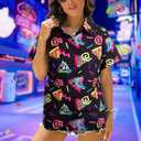 80s 90s Outfits for Women 80's Retro Theme Party Shirt 80s Hawaiian Shirt Neon Hawaii Button Down Short Sleeve Tops (Black, XL)