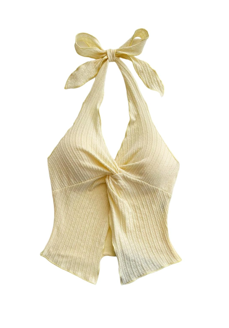 MakeMeChic Women's Backless Halter Top Twist Deep V Neck Sexy Cute Summer Tank Top, size Large