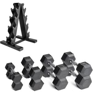 CAP Barbell Rubber Coated Dumbbell Weight Set with Vertical Rack | 100 lb, 150 lb, and 210 lb Options