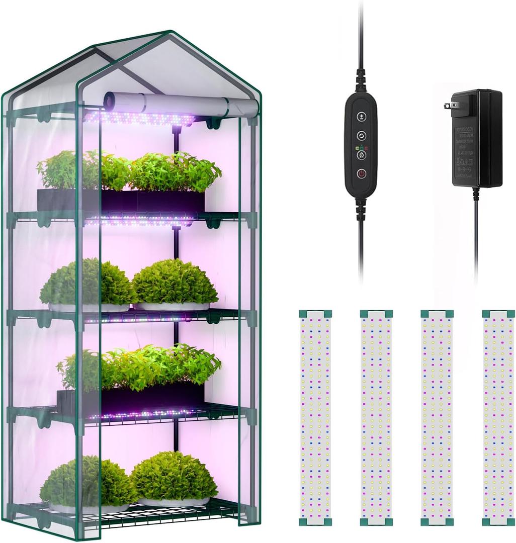 Indoor Greenhouse with Grow Lights, 4 Tier 27" L19" W62" H Mini Greenhouse with Zippered PVC Cover for Seed Starting Trays, Dimmable 2FT 60W Plant Light for Indoor Plants with Timer