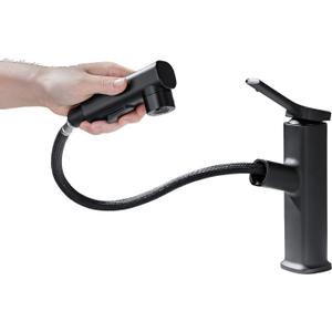 Stainless Steel Single Handle Pull Down Sprayer Faucets - Modern Matte Black Basin Faucets for Bathroom, RV, Vanity & Farmhouse Sinks