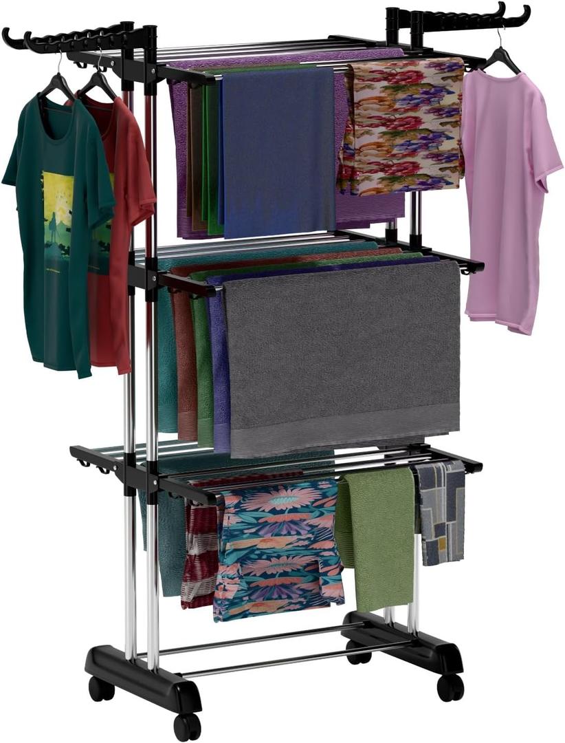 Foldable Cloth Drying Stand Stainless Steel–3 Tier Heavy-Duty Clothes Dryer for Balcony, Indoor & Outdoor Use | with Wheels & Hanger Slots | Rust-Proof Laundry Rack(Black Stand)