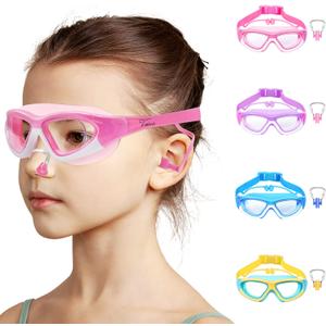 Vvinca Kids Swim Goggles for Kids 3-12, Upgraded Design with Ear & Nose Plug, Wide View Anit-Fog No Leak Water Pool Goggle (1 Pack Pink)