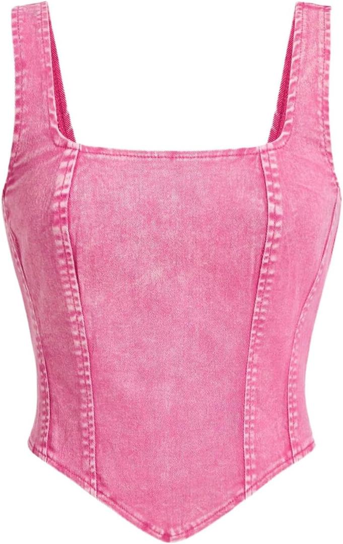 WDIRARA Women's Denim Corset Tank Top Asymmetrical Hem Crop Tops Sleeveless Zip Up Back Tanks (Medium, Pink)