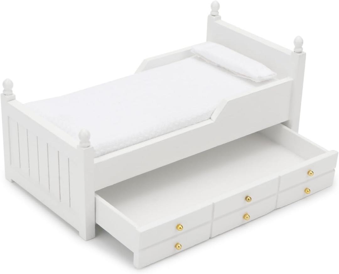 Dollhouse Miniature Bed with Drawer 1:12 Wooden Furniture European Bedroom Bedding Furniture Accessories with Pillow & Mattresses Vintage Floral Fabric Mini House Decoration